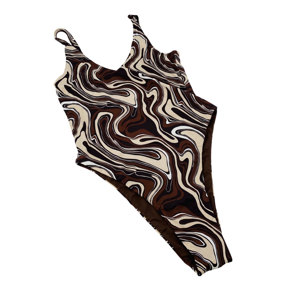 Toluca One Piece Swimsuit Women XL Brown Marble High Cut Low Back